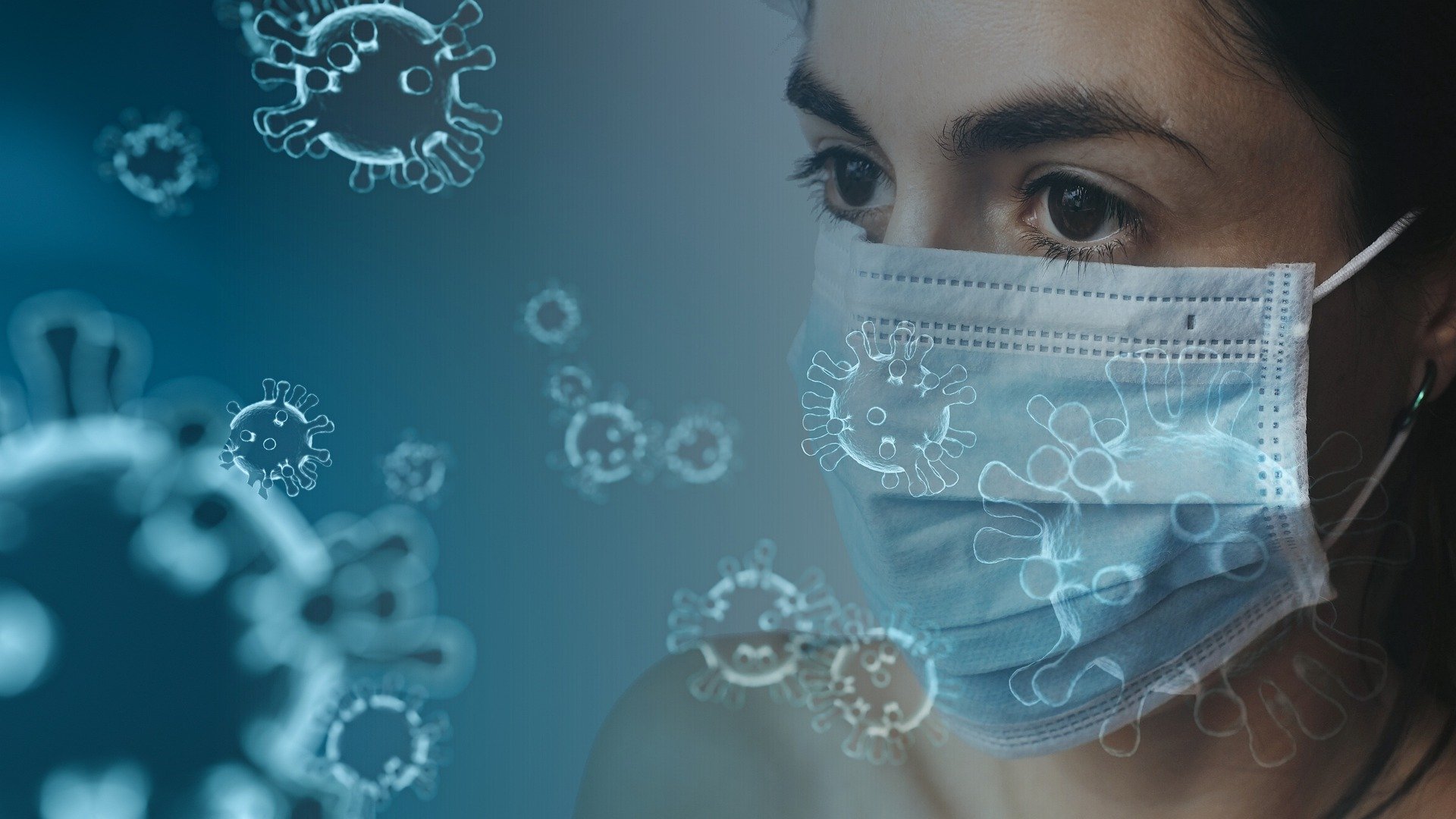 woman in a medical mask, virus floating in the air